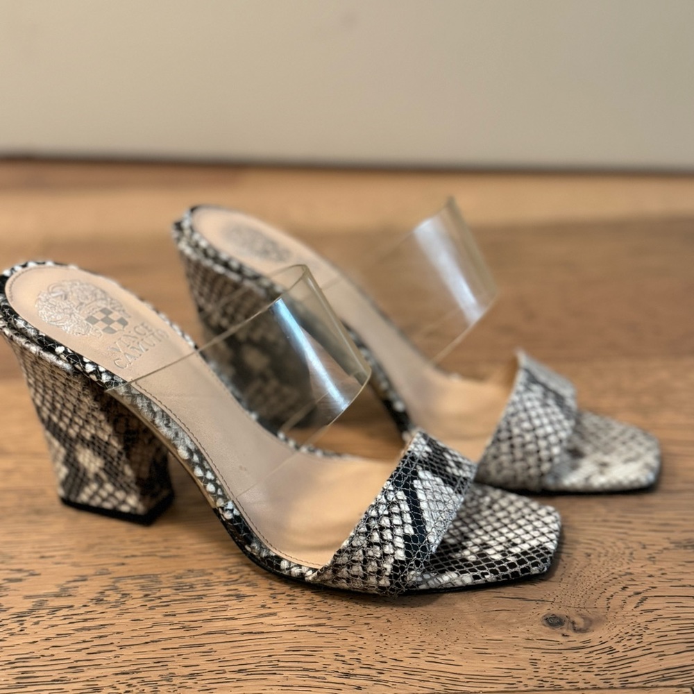Vince Camuto snake skin and clear strap heels size 8